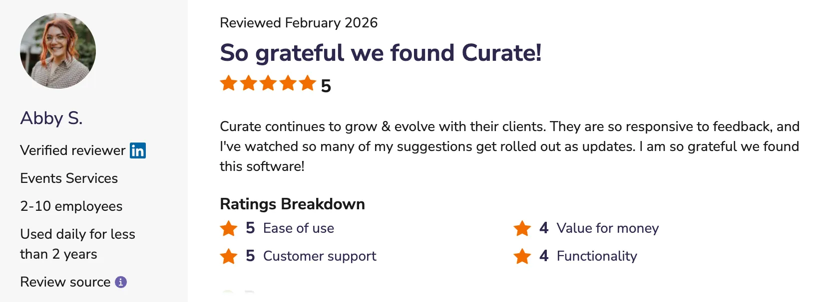 Abby S - So grateful we found Curate! review screenshot