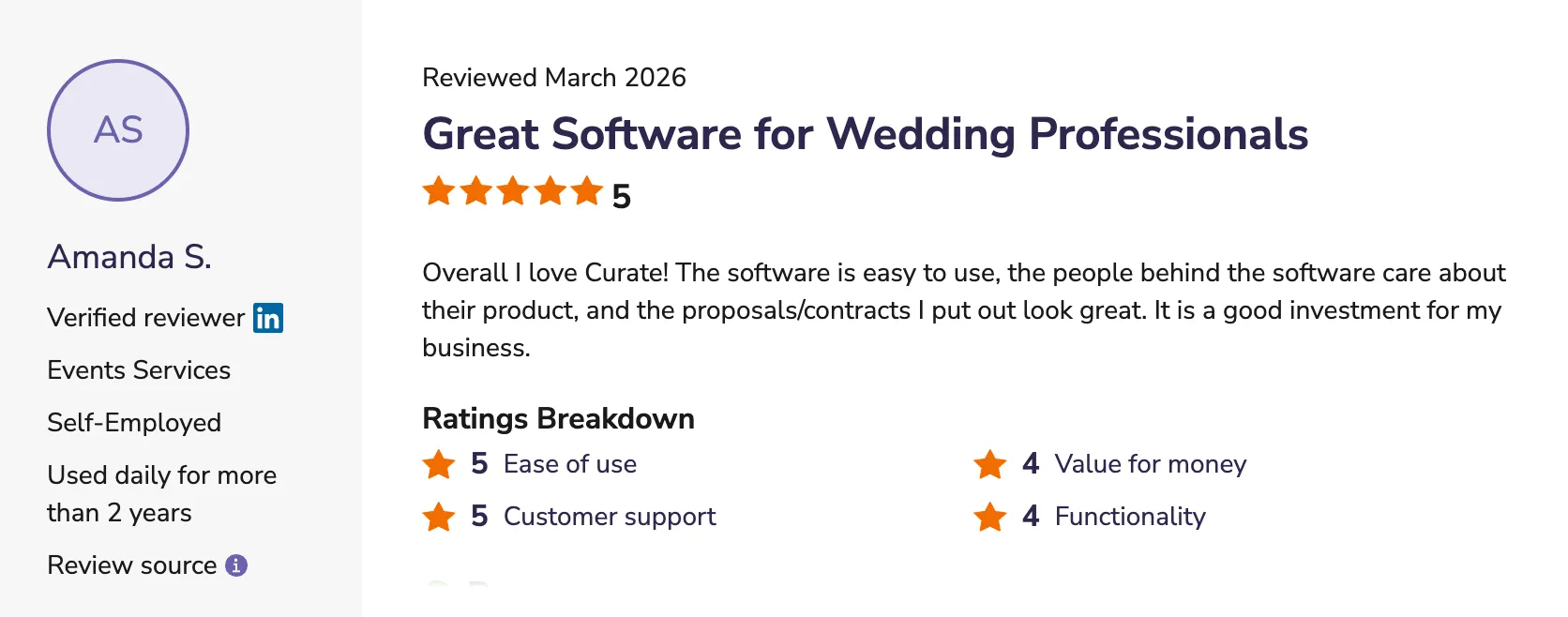 Amanda S - Great Software for Wedding Professionals review screenshot