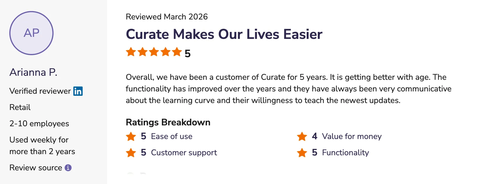 Arianna P - Curate Makes Our Lives Easier review screenshot