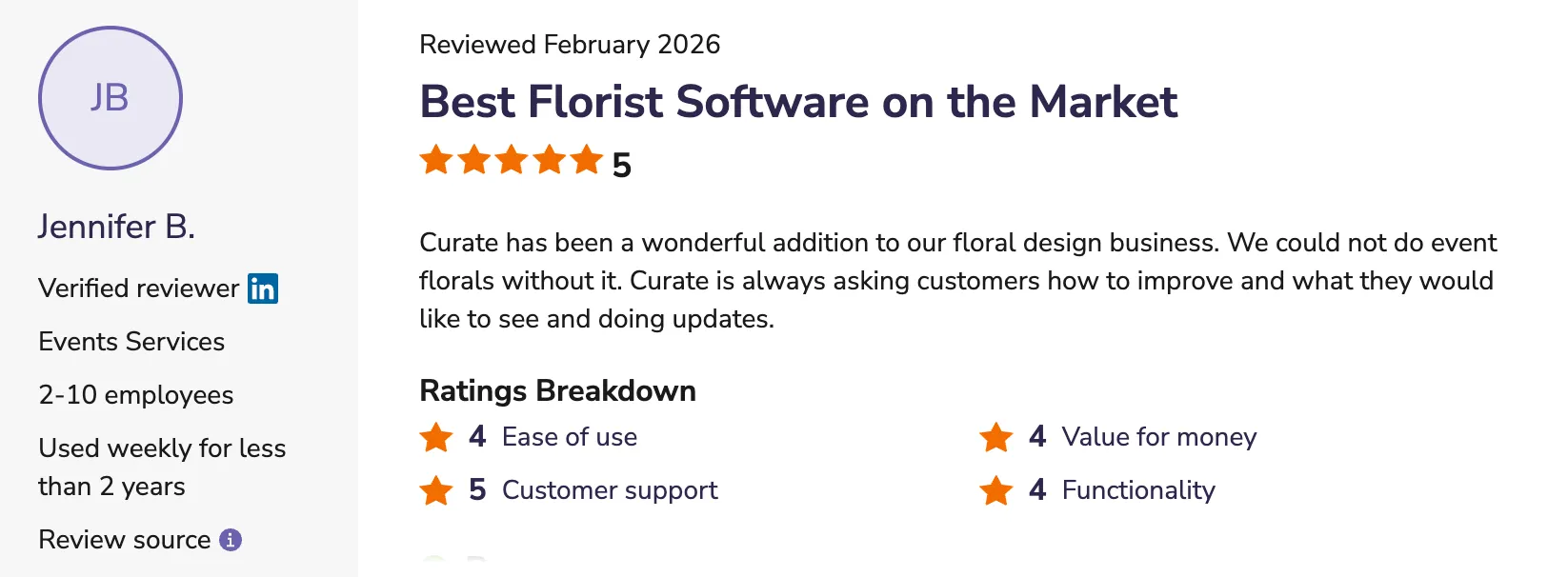Jennifer B - Best Florist Software on the Market review screenshot