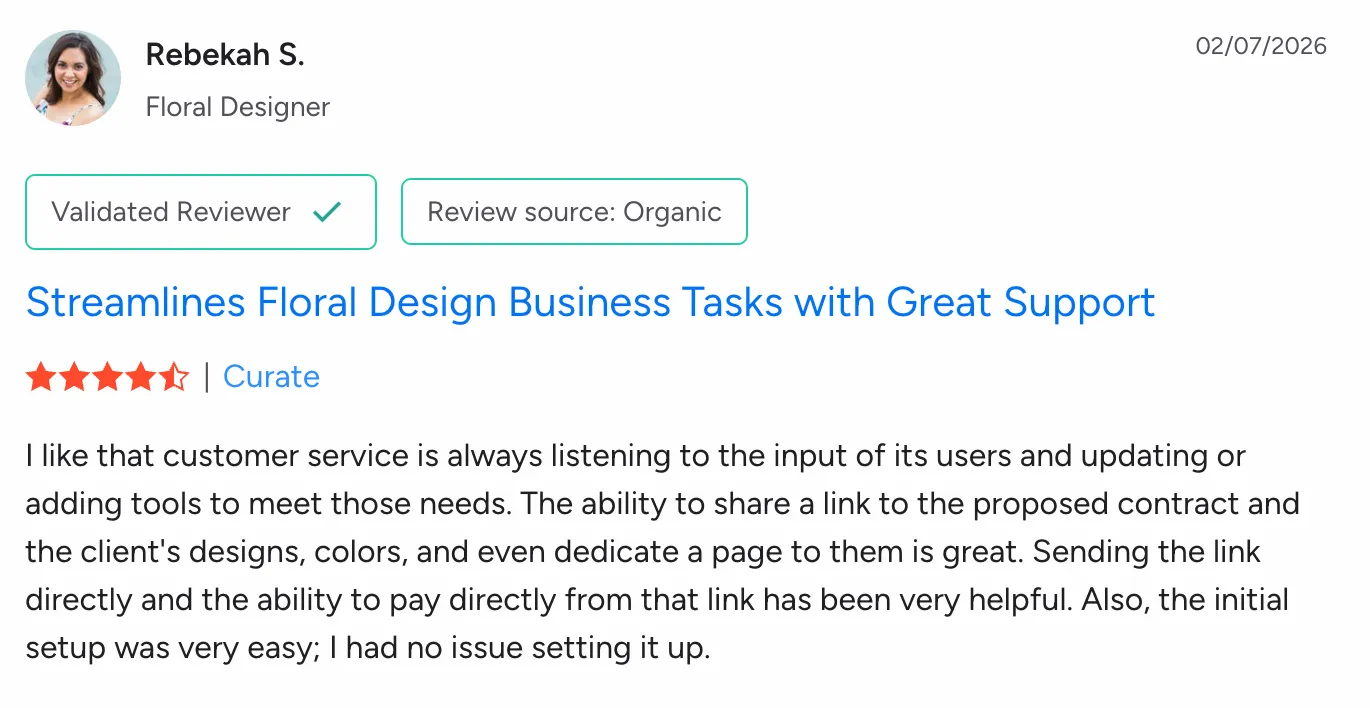 Rebekah S - Streamlines Floral Design Business Tasks with Great Support review screenshot