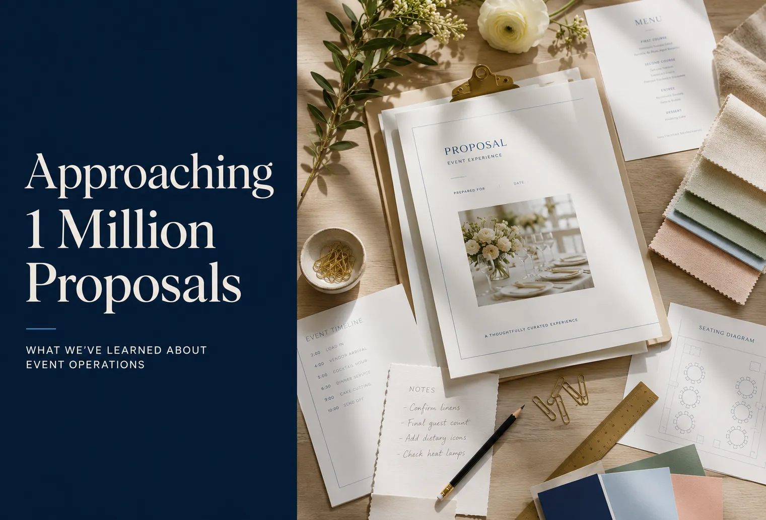 Event planning proposal, timeline, seating diagram, and material samples beside the title Approaching 1 Million Proposals.