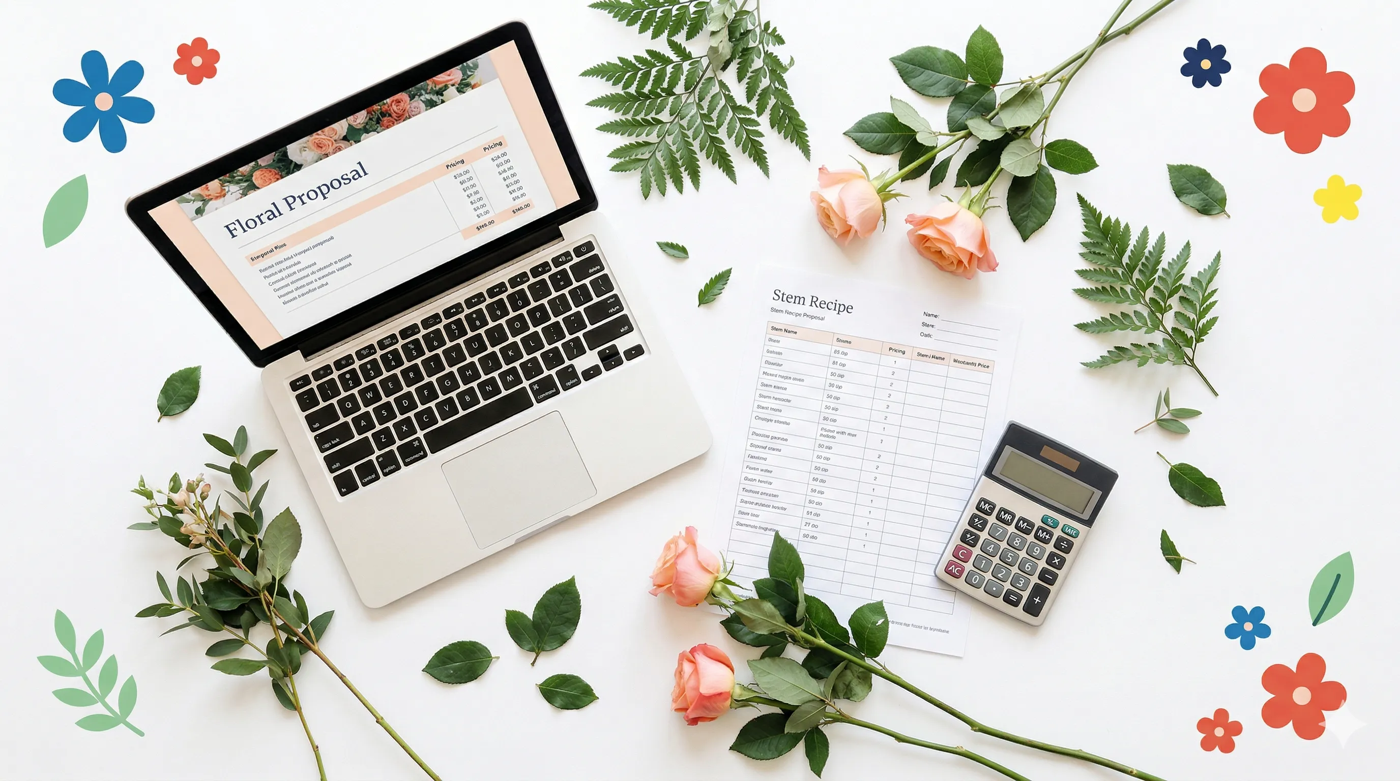Wedding florist creating a floral proposal with roses, calculator, and pricing spreadsheet on desk