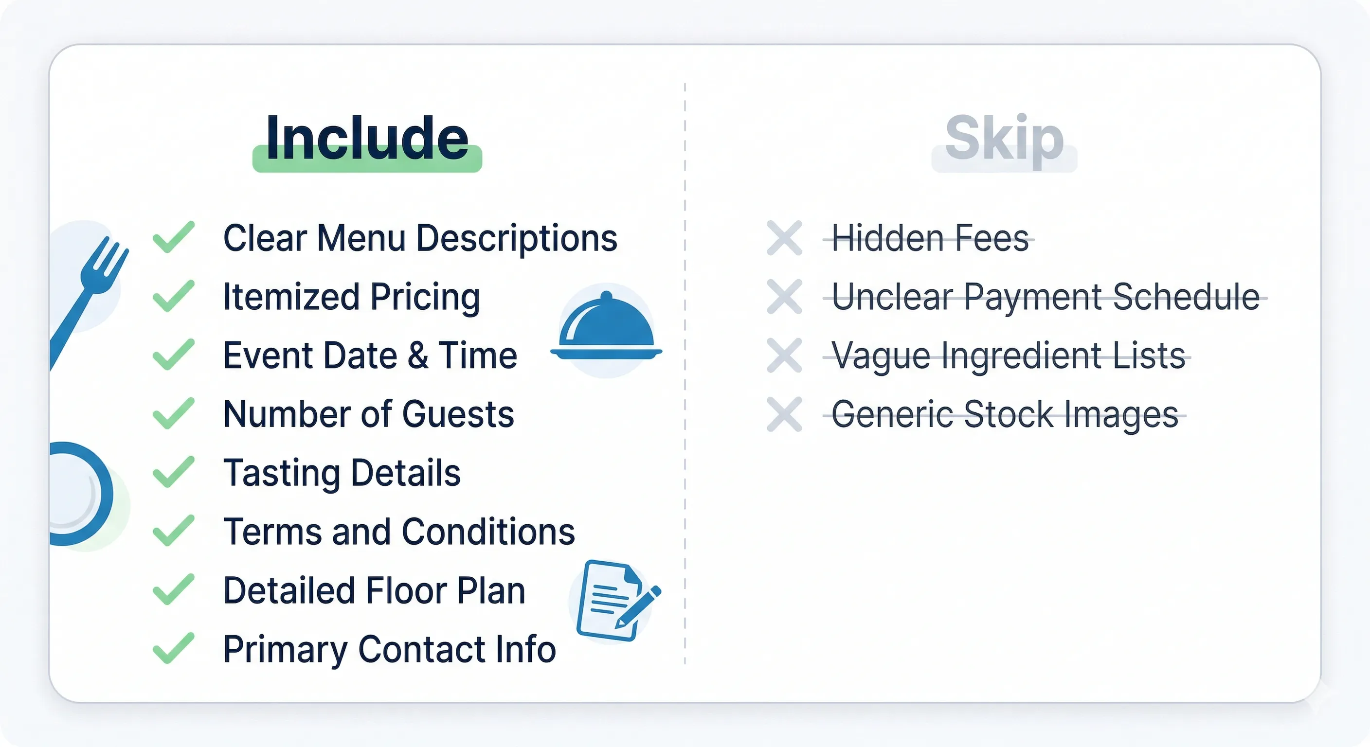 A catering proposal split into two sections showing what to include versus what to skip